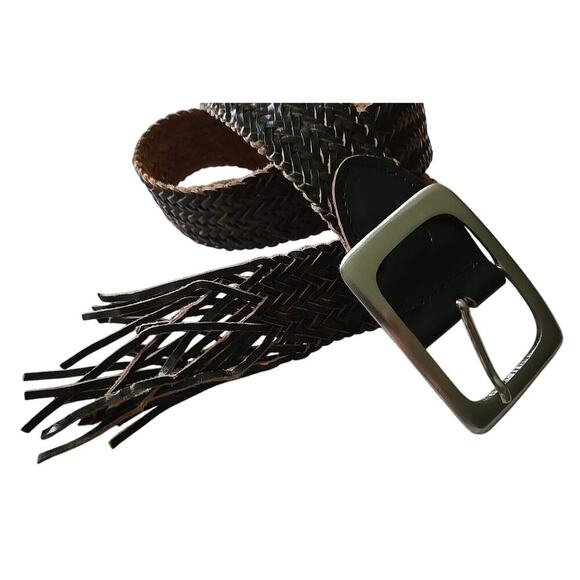 Women's Wide Braided Leather Belt Etched Silver Tone Buckle Woven Fringe - Picture 2 of 8